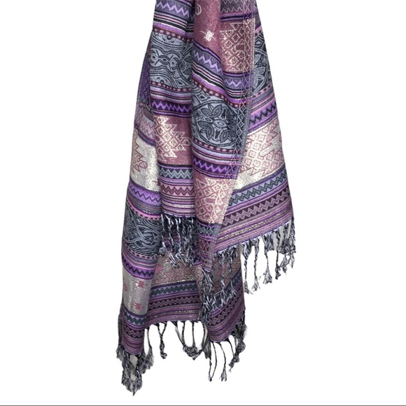 PASHMINA Tassle Trim Shawl/Scarf Purple/Gold One Size - Picture 6 of 7